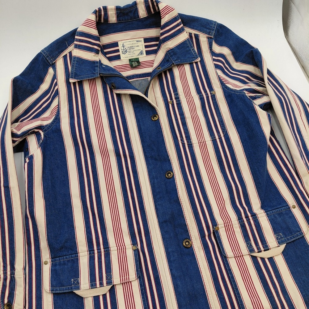 Vtg 90s Ralph Lauren Jeans Womens Denim Striped Chore Barn Jacket LRL Nautical